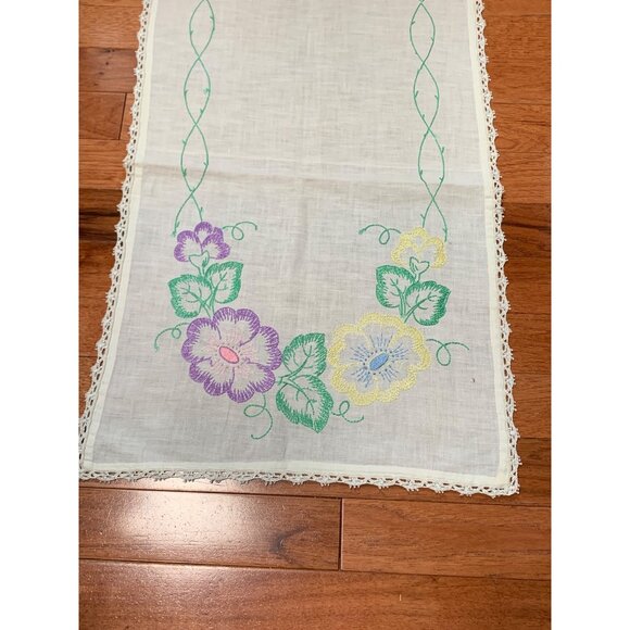 Embroidery Pink Purple and Yellow Flower Table Runner 15x46 Vintage - Picture 7 of 12
